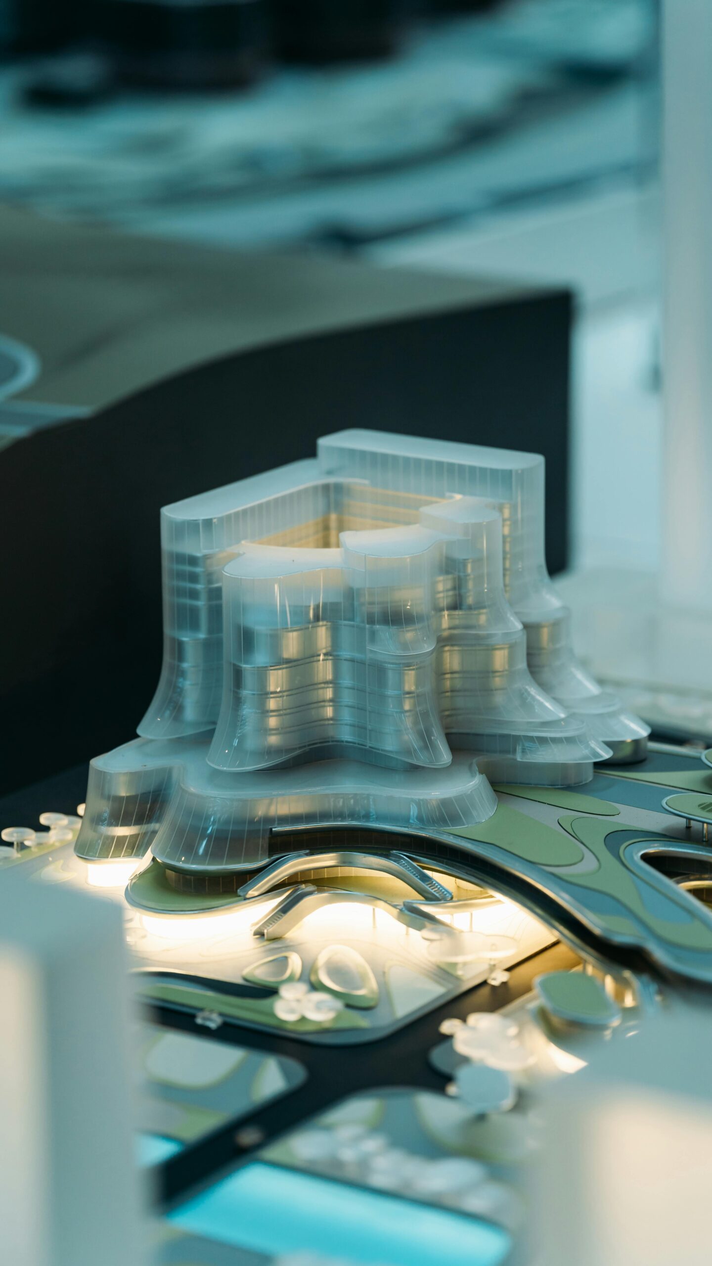Detailed architectural model with modern design and ambient lighting, showcasing innovative structure.